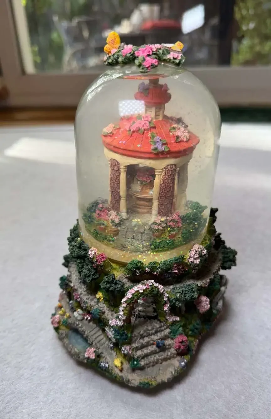 Vintage Gazebo Musical Snow Globe Some Enchanted Evening Floral Garden 7”
